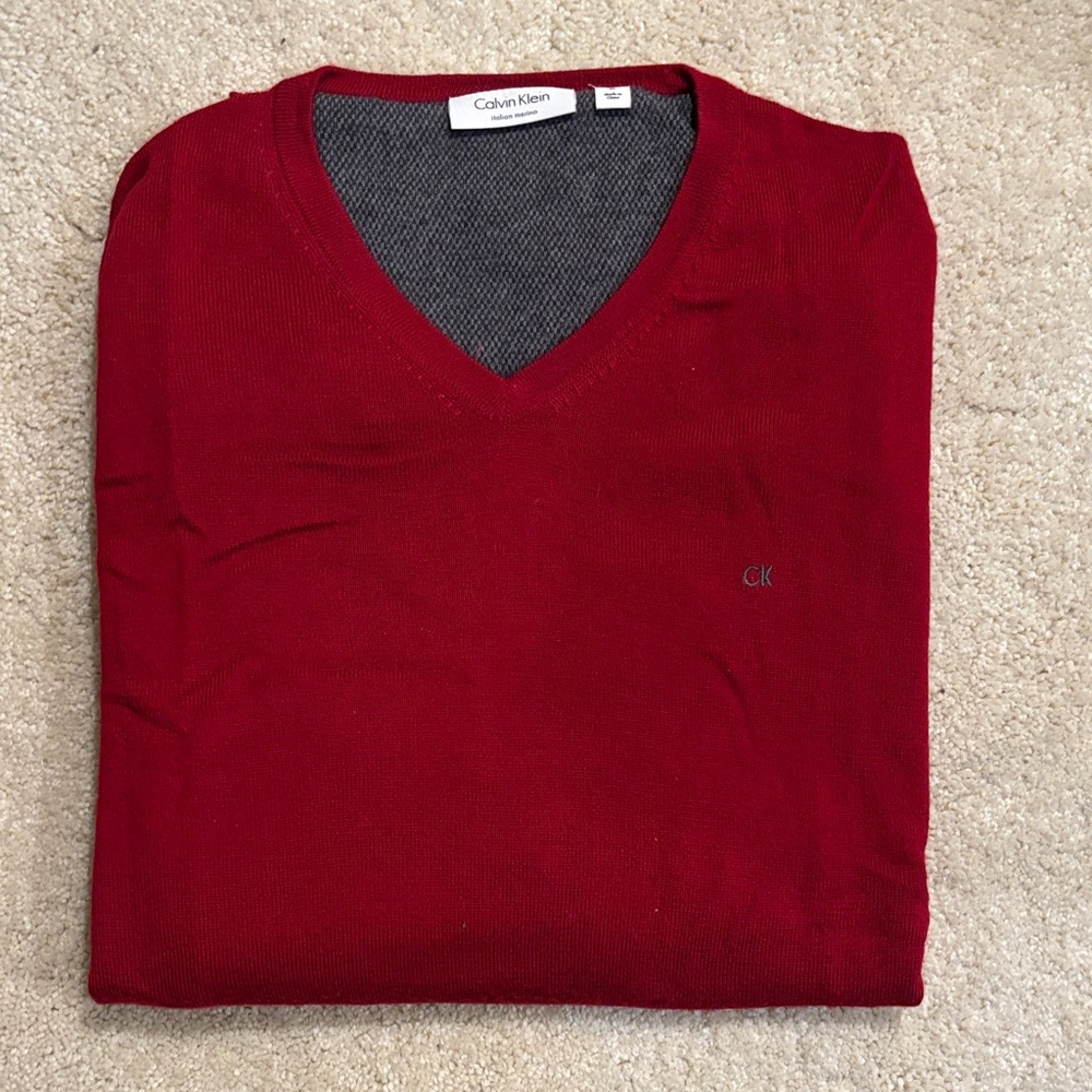Calvin Klein Men's Deep Red V-Neck Sweater Christmas XL